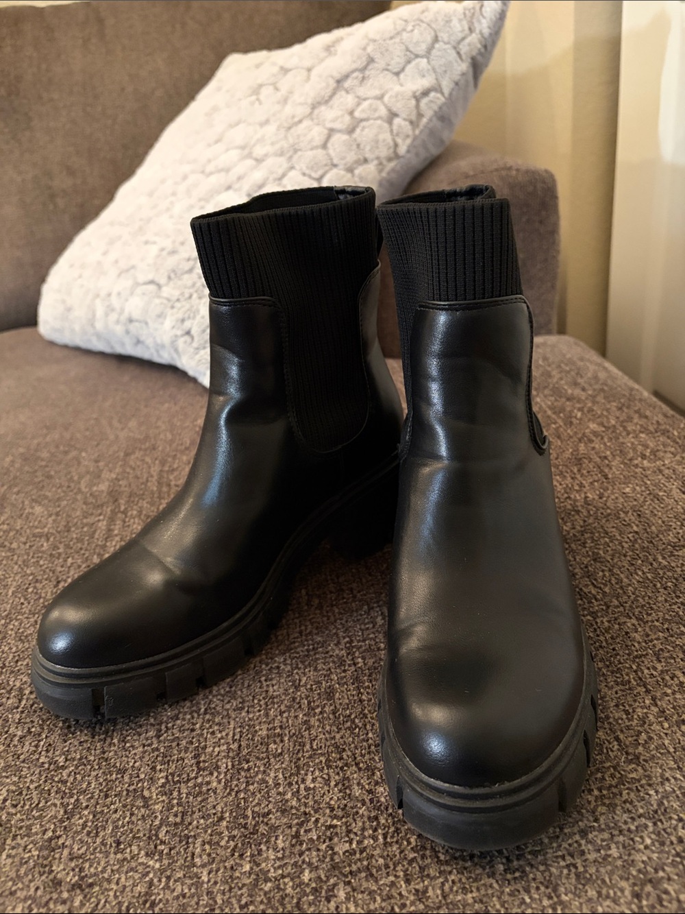 Chelsea Black Leather Boots with Ribbed Sock Detail